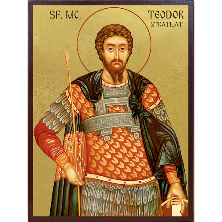 Icoana Sticker cu Cu Sfantul Mare Mucenic Teodor Stratilat Fundal Aurit, autoadeziv, Cri-Flo, Marime 20 cm