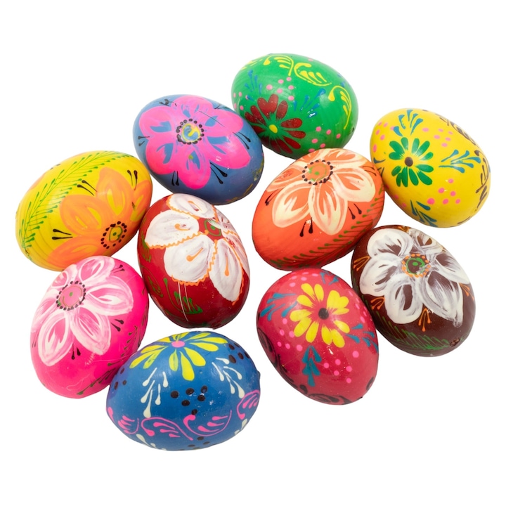 10 darabos díszes fa tojás készlet, peewit, 5x4cm, színes, kézzel festett