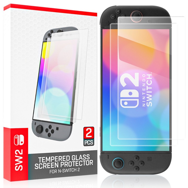 Pachet 2 bucati protectie ecran Nintendo Switch 2 (7,9″) – sticla temperata, instalare usoara, anti-bule, anti-zgarietura, senzitiv touch
