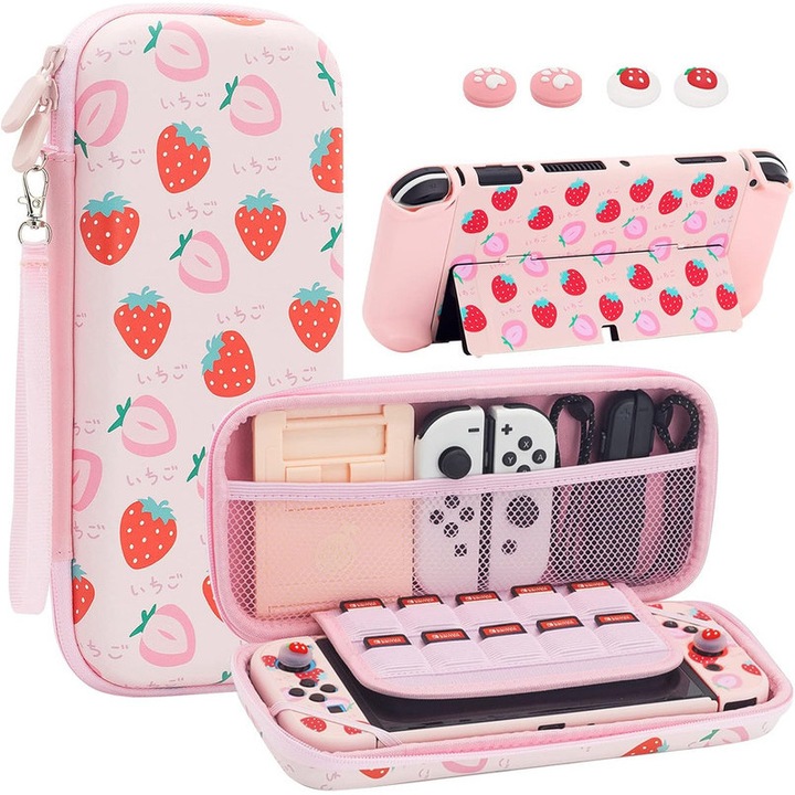 Комплект аксесоари за Nintendo Switch, защитен калъф, стойка за екран, 2 капачки за дръжки, 4 капачки за джойстик, ягодово розово