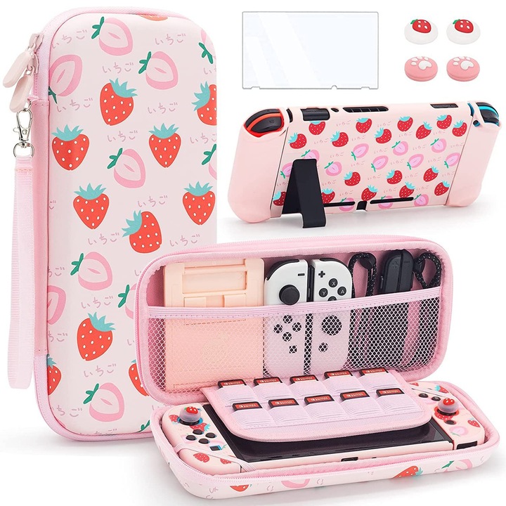 Geanta mare de protectie pentru Nintendo Switch, husa cu suport pentru dock, set de accesorii portabile cu geanta de calatorie, roz capsuna
