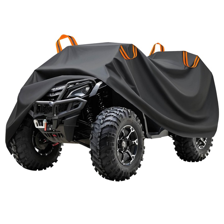 Prelata ATV, impermeabila, protectie UV, pentru interior si exterior, fabricata din tesatura de poliester 210D cu benzi reflectorizante si curele cu catarama, 210 x 120 x 115 cm, LEIISVK, neagra