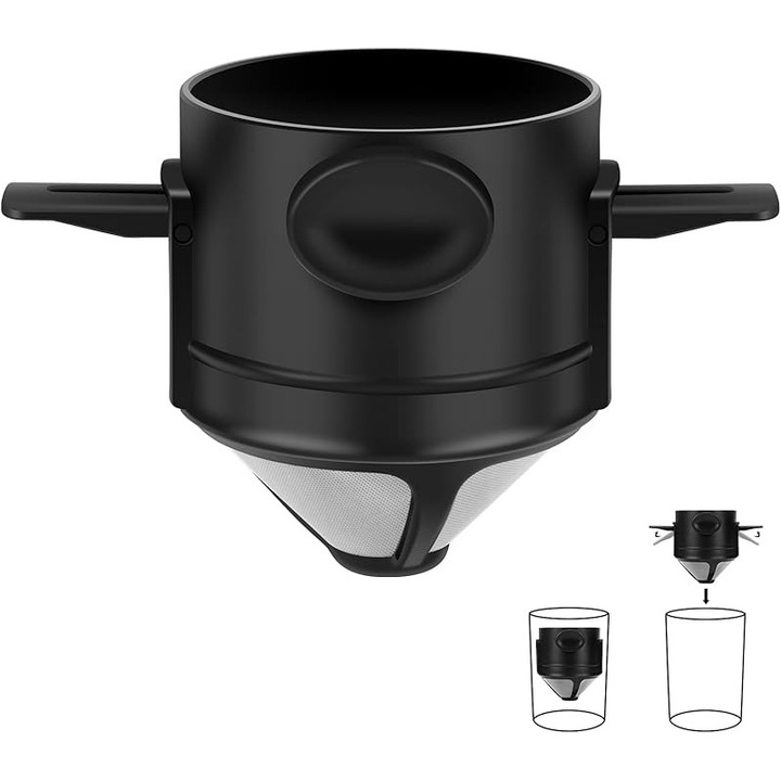 Filtru de cafea, negru, din inox, reutilizabil, pentru camping