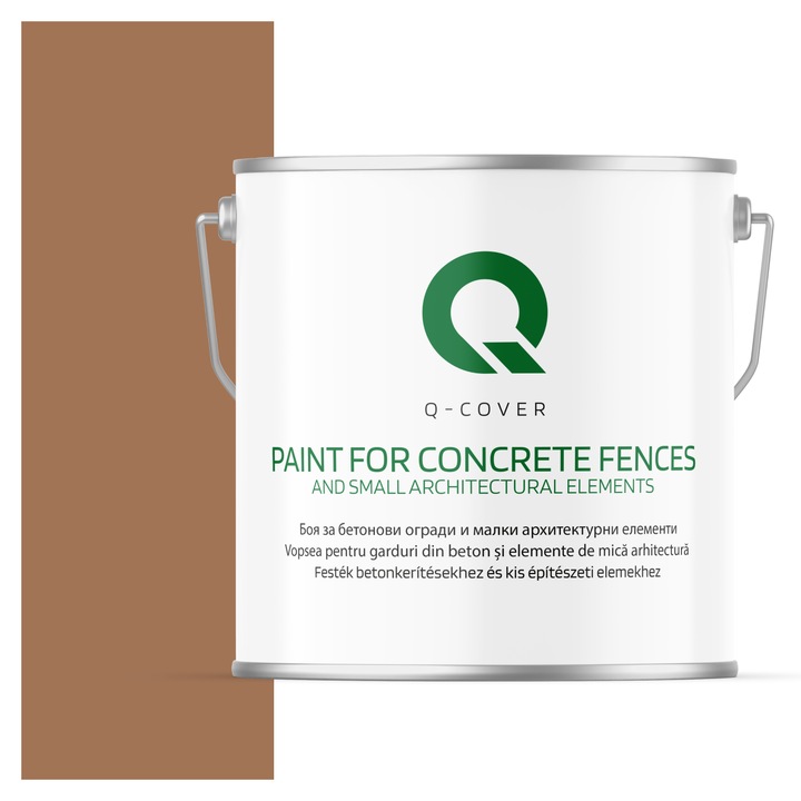 Vopsea pentru garduri din beton si elemente de mica arhitectura, Q-COVER, Maro cald F576, mat, Rezistent la UV, Uscare rapida, Termorezistenta, Antimucegai, Pe baza de apa, Rezistenta la intemperii, 5L