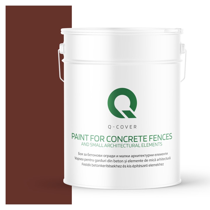 Vopsea pentru garduri din beton si elemente de mica arhitectura, Q-COVER, Maro-roscat 8012, mat, Rezistent la UV, Uscare rapida, Termorezistenta, Antimucegai, Pe baza de apa, Rezistenta la intemperii, 10L