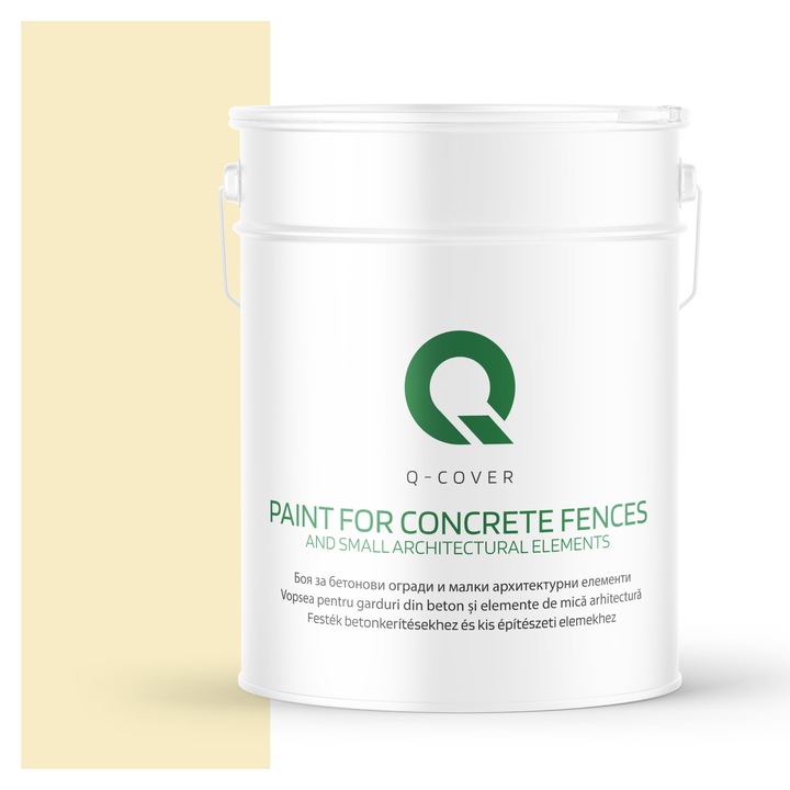 Vopsea pentru garduri din beton si elemente de mica arhitectura, Q-COVER, Galben deschis F622, mat, Rezistent la UV, Uscare rapida, Termorezistenta, Antimucegai, Pe baza de apa, Rezistenta la intemperii, 10L