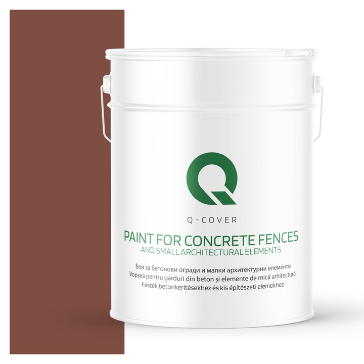 Vopsea pentru garduri din beton si elemente de mica arhitectura, Q-COVER, Maro inchis F326, mat, Rezistent la UV, Uscare rapida, Termorezistenta, Antimucegai, Pe baza de apa, Rezistenta la intemperii, 10L