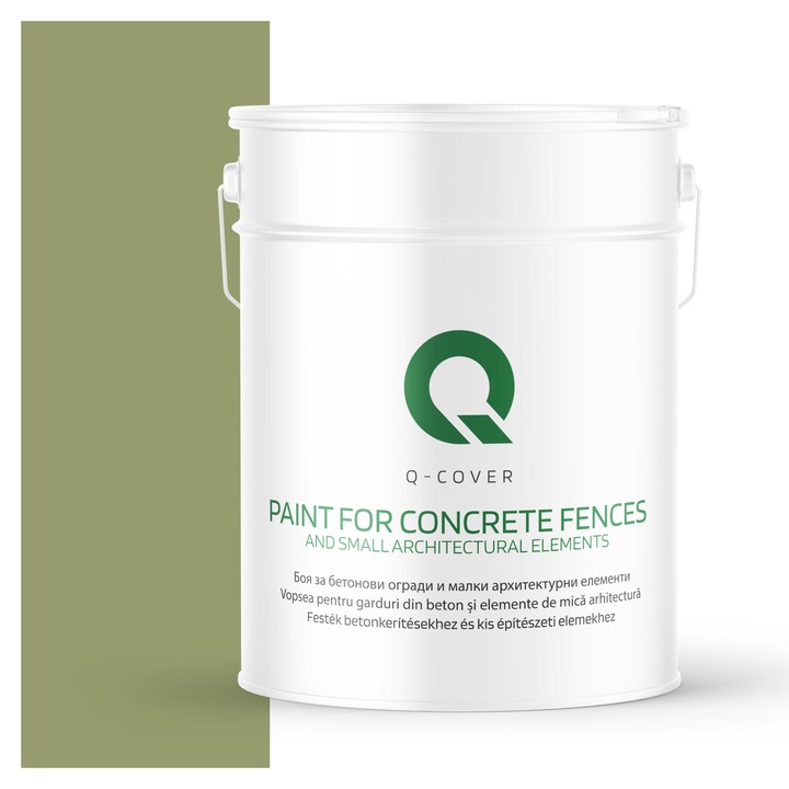 Vopsea pentru garduri din beton si elemente de mica arhitectura, Q-COVER, Verde F484, mat, Rezistent la UV, Uscare rapida, Termorezistenta, Antimucegai, Pe baza de apa, Rezistenta la intemperii, 10L