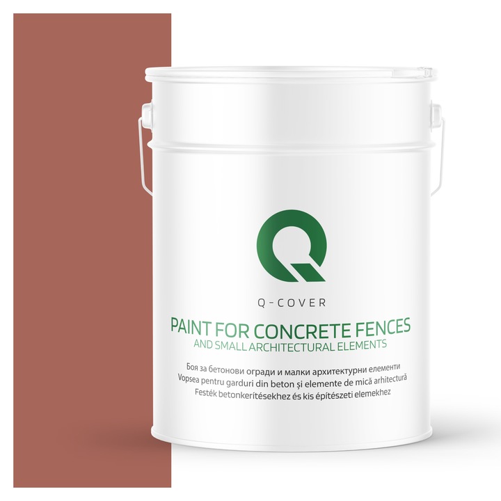Vopsea pentru garduri din beton si elemente de mica arhitectura, Q-COVER, Caramiziu F324, mat, Rezistent la UV, Uscare rapida, Termorezistenta, Antimucegai, Pe baza de apa, Rezistenta la intemperii, 10L