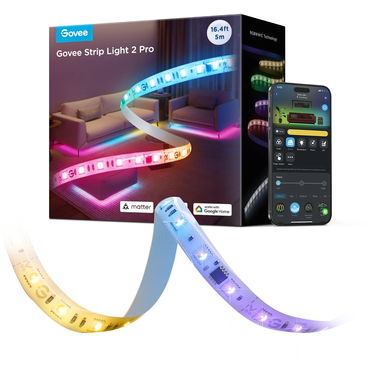 Banda LED RGBWW Govee H61F5 2 Pro, Matter, Bluetooth, Wi-Fi, 340