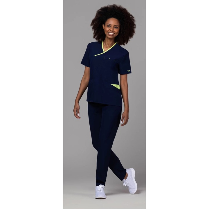 Costum medical de dama TAG ONYX Premium, Bleumarin cu paspoal Green Apple, Bleumarin, M