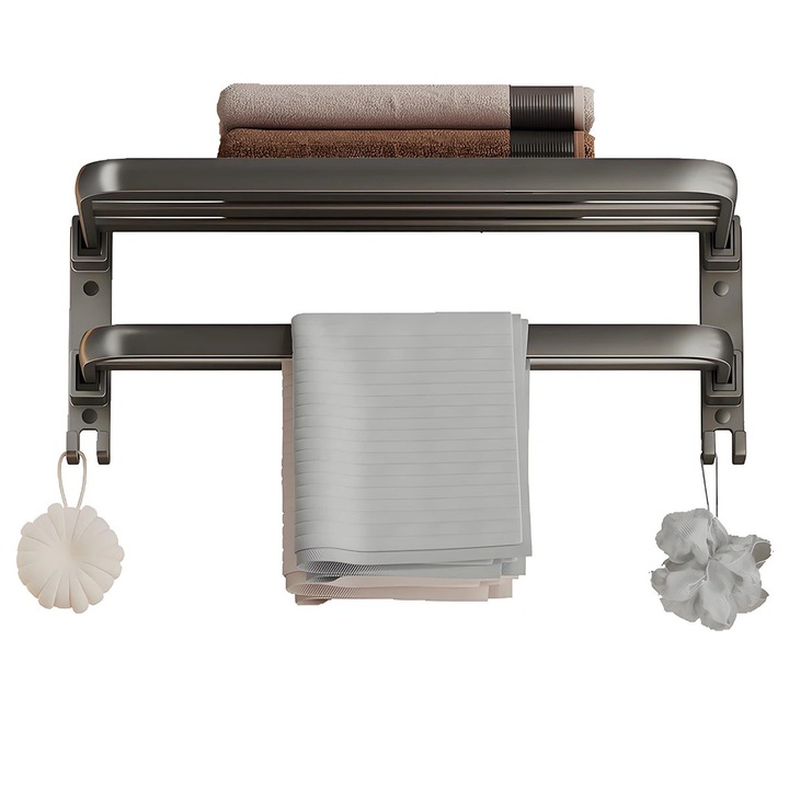 Suport pentru prosoape de baie, cu doua niveluri, pliabil, cu carlige, poate fi fixat cu suruburi/adeziv, potrivit pentru baie si bucatarie, 40x24x17, 5 cm, Gri