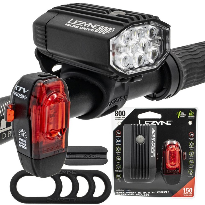 Set lumini bicicleta Lezyne Micro Drive 800+ si KTV Drive+, 800 lm / 150 lm