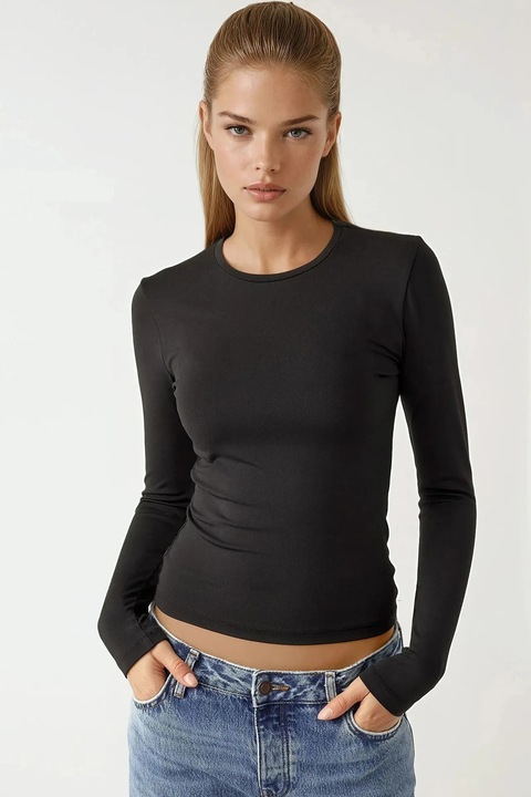 Bluze dama, HiCCUP, bluza cu maneca lunga, guler rotund, negru, jerseu