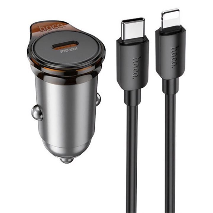 Hoco nz16 autós töltő type-c aljzat, 30w, pd gyorstöltő + lightning kábel, sötétszürke