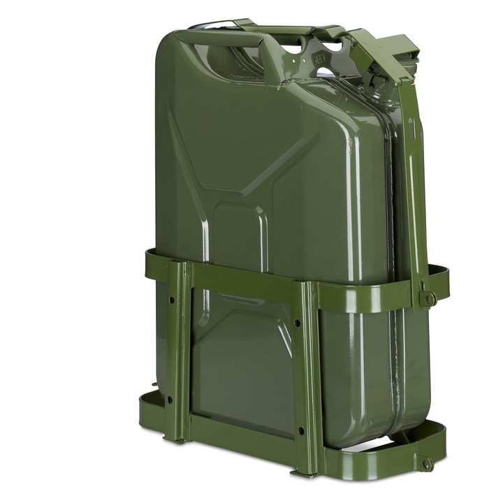 Suport metalic pentru canistra combustibil 10-20L, montaj auto universal, prindere sigura pentru benzina sau motorina, din fier rezistent, verde