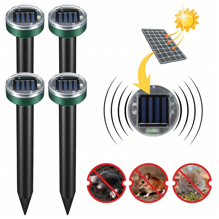 Set 4 Dispozitive Anti Cartite, Anti Hamsterul, Anti Rozatoare De Camp, Sobolani Paman, Nornic, Lewer®, Ultrasunete + Vibratii, Rotunda, Actiune 360°, Incarcare Solara, Acoperire pana la 3400 m², Rezistent la Apa IPX6, Gradina, Cu Tarus Verde