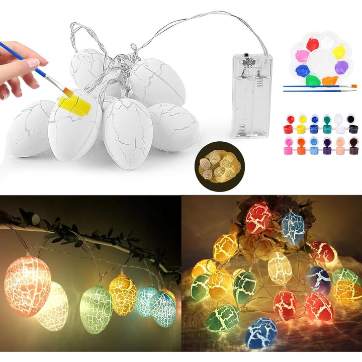 Set Pictura Creativa Paste cu 10 Oua Decorative cu Lumini LED –10 Oua de Pictat, Pensule, 12 Culori, Tavita, Kit Arta si Craft pentru Copii 4–8 Ani, Cadou Fetite, Activitati de Pictura Manuala cu Oua Luminoase
