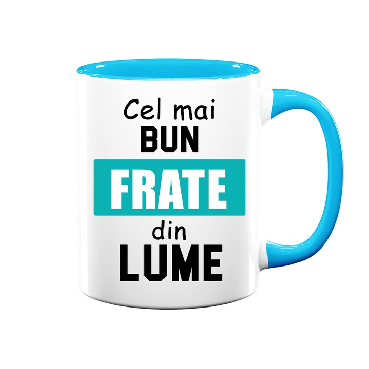 Cana personalizata pentru Frate cu mesaj:"Cel mai bun frate din lume", Betaprint, alba cu interior albastru, 330ml