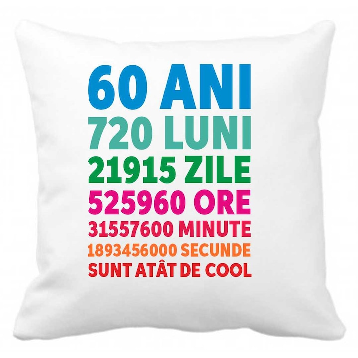 Perna personalizata cu textul "60 ANI 720 LUNI....", 40 x 40 cm, poliester, alba, CRD PRINT, 330ml, alba