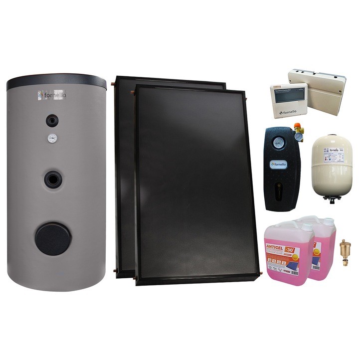 Pachet sistem solar presurizat, 2 x Panou solar plan Fornello 2.0 m² SPFP, Boiler Fornello Optima EV 7/5 S2, 200 Litri, Controller, Vas expansiune, Grup pompare, Aerisitor, Antigel