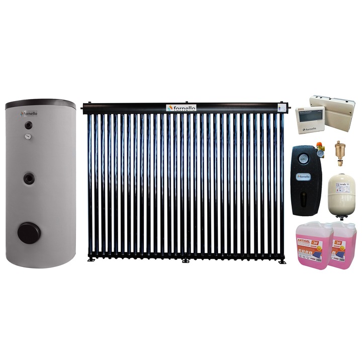 Set sistem solar presurizat, Panou Fornello 30 Tuburi Heat Pipe, Grup pompare, Boiler de SOL cu 2 serpentine Fornello Optima EV 200 LT 2S, Controller, Vas expansiune, Aerisitor, Antigel