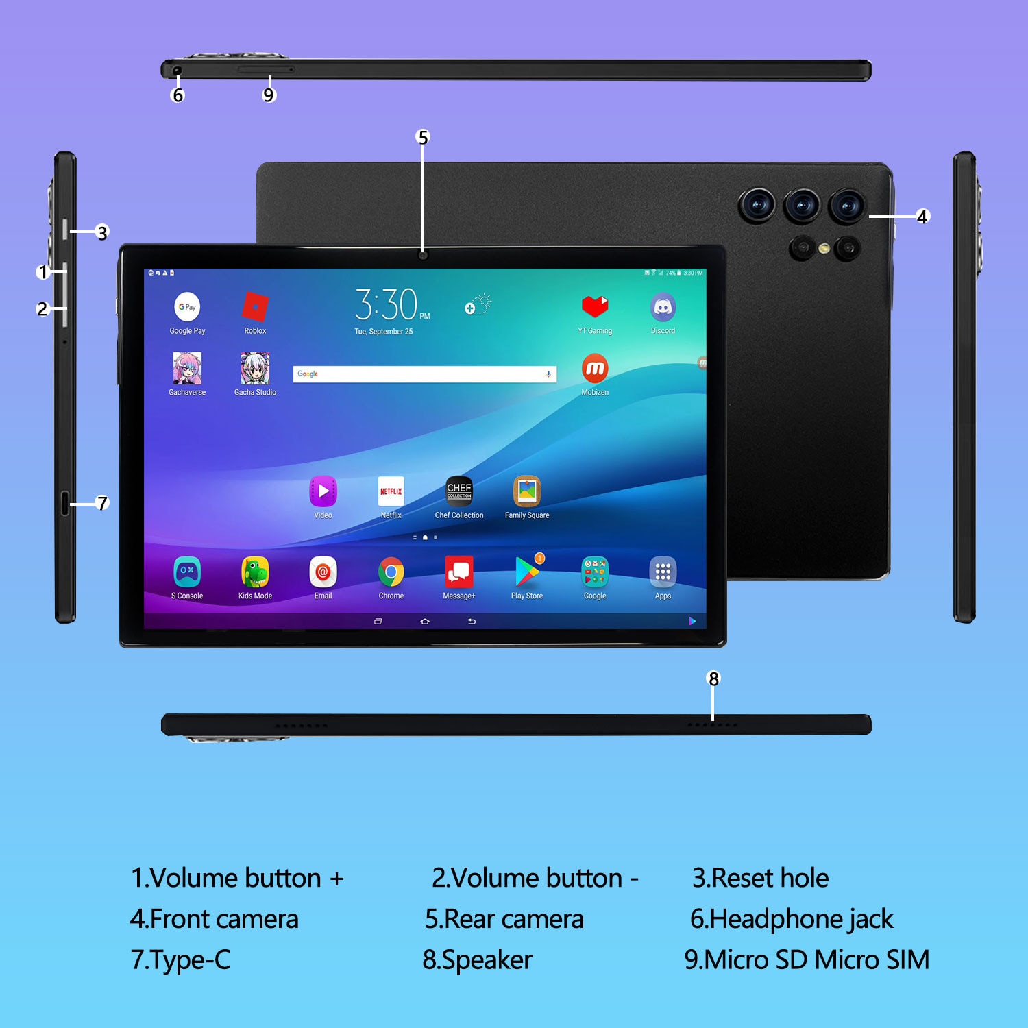 Tableta 10.1" MIVISO®, Octa-Core, 4G LTE/5G WIFI, 8GB RAM, 256GB ROM, Android 13, 1920*1200, 8000mAh, 13MP+8MP, Negru