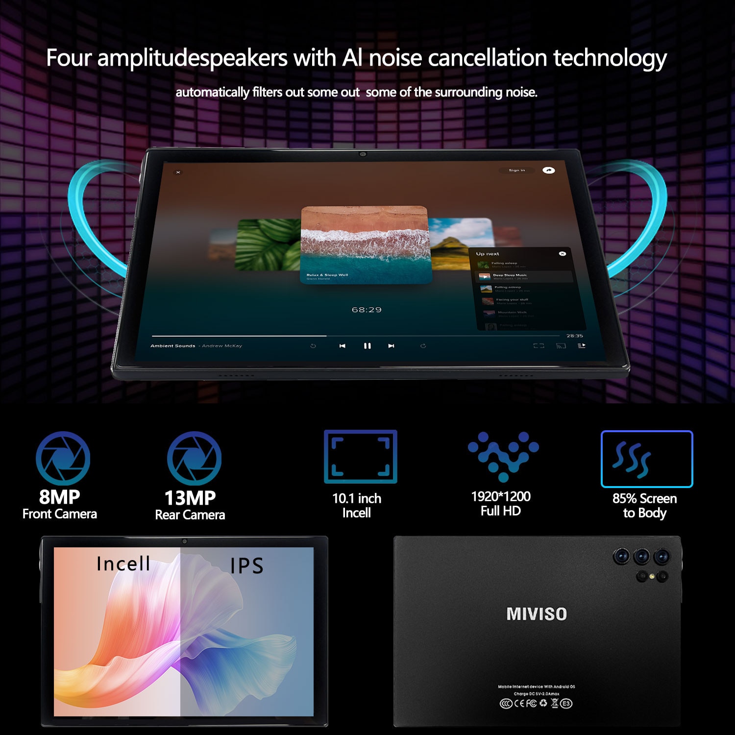 Tableta 10.1" MIVISO®, Octa-Core, 4G LTE/5G WIFI, 8GB RAM, 256GB ROM, Android 13, 1920*1200, 8000mAh, 13MP+8MP, Negru