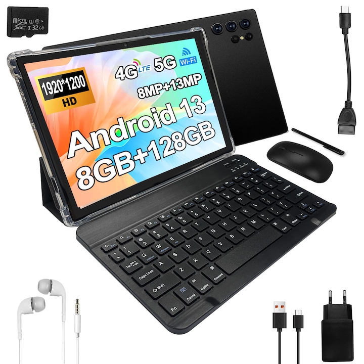 Tableta 10.1" MIVISO®, Octa-Core, 4G LTE/5G WIFI, 8GB RAM, 128GB ROM, Android 13, 1920*1200, 8000mAh, 13MP+8MP, Negru,1920 x 1200 Cu SIM 10.1 inch 128 GB