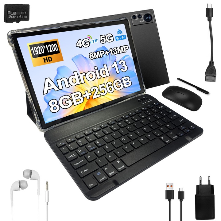 10.1" MIVISO Tablet, Nyolcmagos, 4G LTE/5G WIFI, 8 GB RAM/256 GB ROM, Android 13, HD 1920*1200, 8000mAh, 13MP+8MP, Fekete, 1920 x 1200 SIM kártyával 10.1 hüvelykes 256 GB