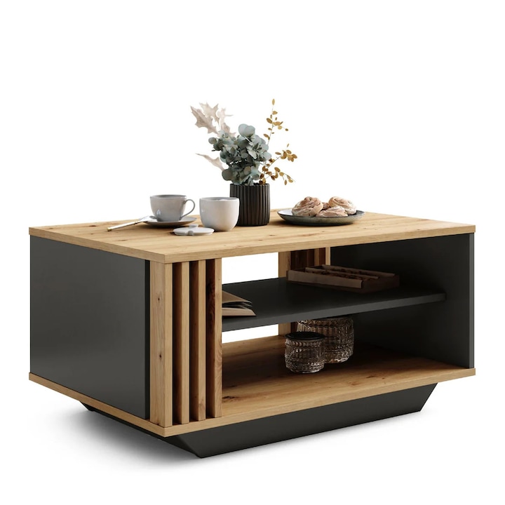 Холна маса Dafi Furniture, модел Luxor, 90x60x45 см, правоъгълна, с дървени летви, с рафт, стил mid-century – Artizan Anthracite