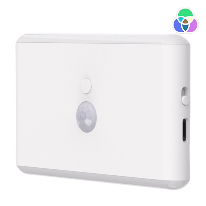 Lampa de veghe LED, baterie incorporata, senzor miscare, senzor de lumina, prindere magnetica, lumina sus/jos, RGB, USB-C, culoare alb