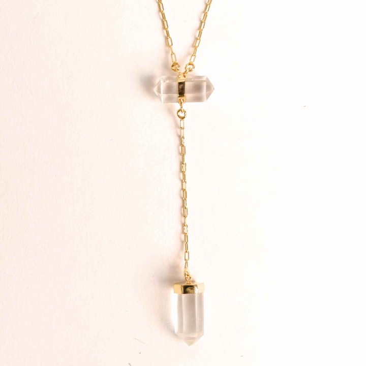 Colier Turnulet din Dublu Cuart de Stanca - Claritate Mentala si Protectie Energetica - Argint 925 Placat cu Aur 18K