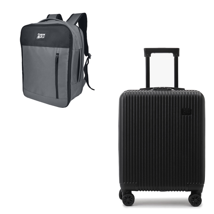 Set calatorie CabinFly, troller negru extensibil 55x40x20cm/55x40x23cm si rucsac gri 40x30x20cm, ideal pentru city-break-uri si calatorii cu avionul