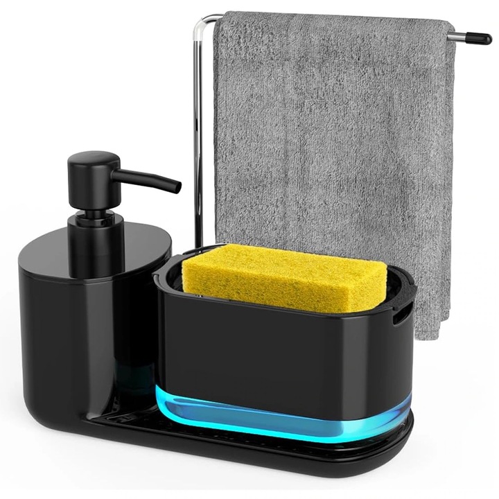 Kézzel nyomó folyékony szappan adagoló, szivacstárolóval, rozsdamentes acél törölközőtartóval, korrózióálló, könnyen tisztítható, konyhába és fürdőszobába alkalmas, 23 x 10, 8 x 15 cm, fekete