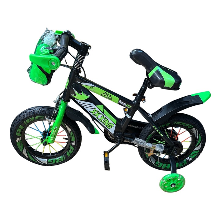 Велосипед с педали за деца 2-4 години, 12-инчови колела, предни и задни спирачки, предпазители за веригата, със силиконови помощни колела и държач за бутилка с вода, зелен