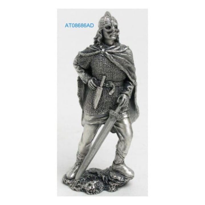 Statueta viking razboinic cu sabie si pumnal, Veronese, figurina decorativa din cositor, 12 cm, colectie nordica
