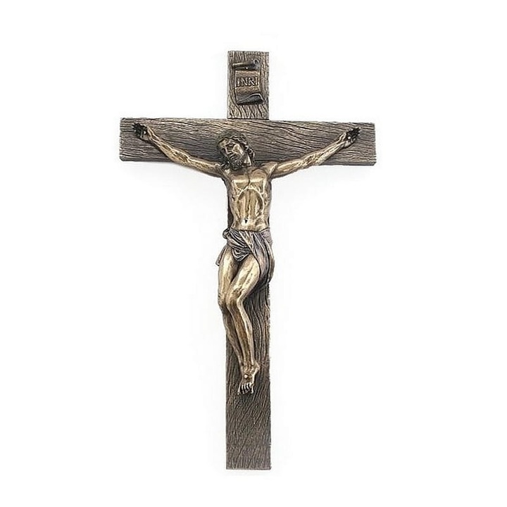 Crucifix gotic mare, Isus rastignit, polirasina bronz, 45 cm, decor religios, cadou spiritual