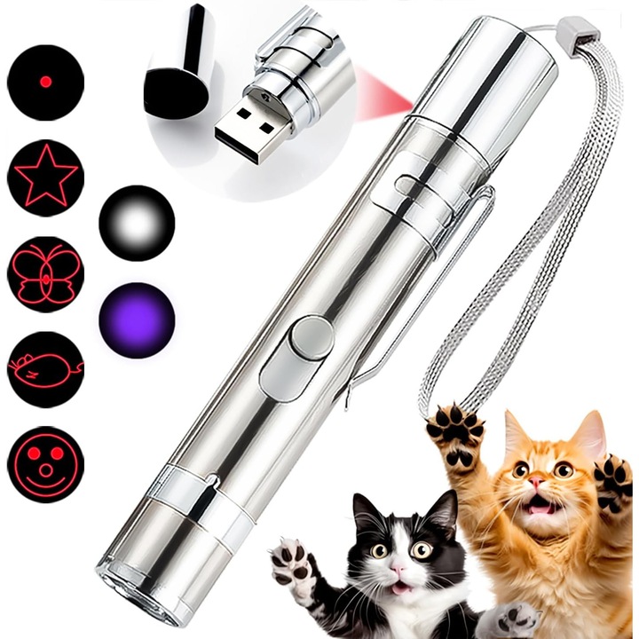 Jucarie pentru pisici, Pointer laser pentru pisici 7 in 1, Jucarie pisici, Inox, Reglabil, USB, Indicator LED, UV, Argintiu