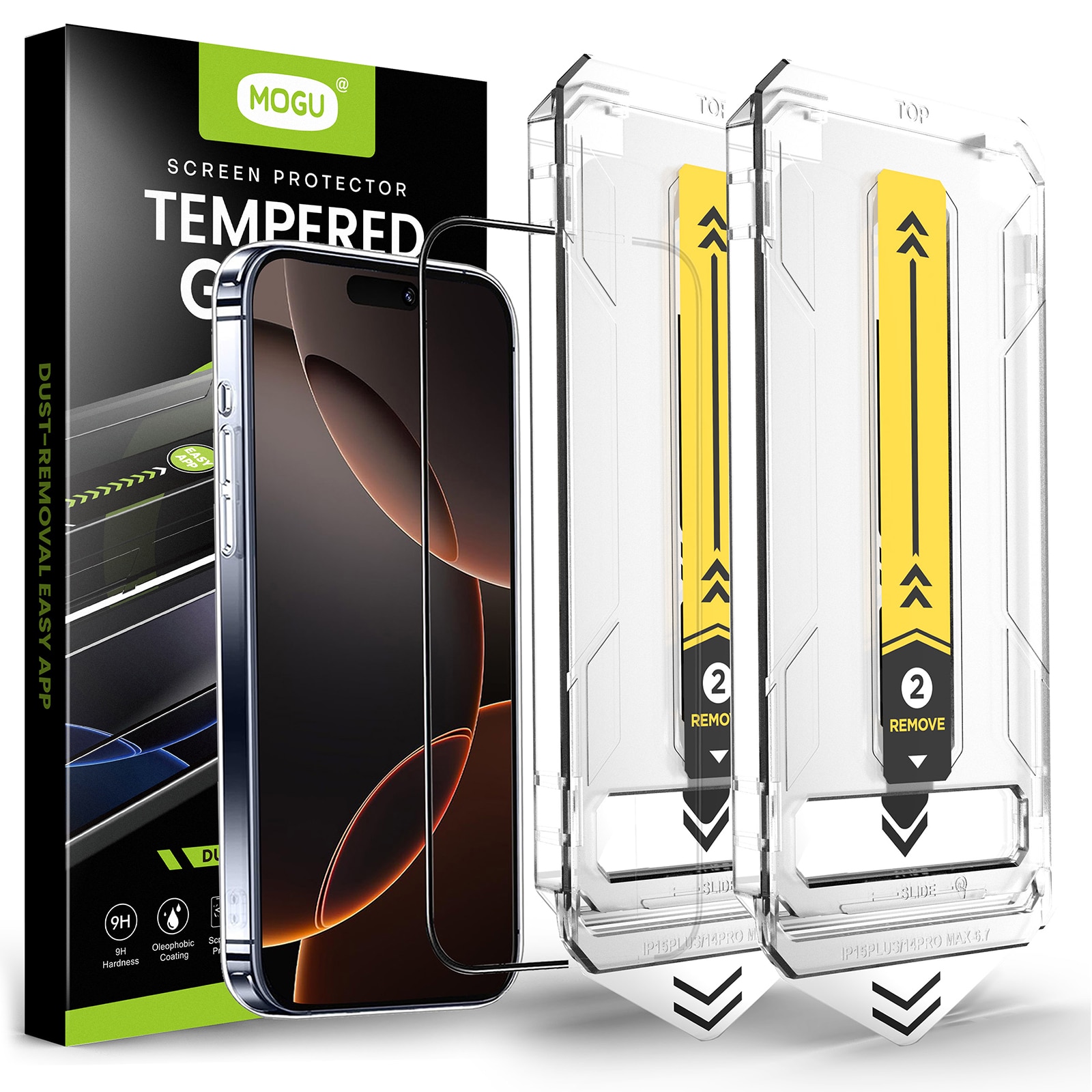 Set de 2 Folie protectie pentru iPhone 16 Pro Max, MOGU®, 3D full cover, stila temperata, tehnologie automata de eliminare a prafului, advanced touch sensitivity, acoperire oleofoba, anti-amprente, Claritate FullHD