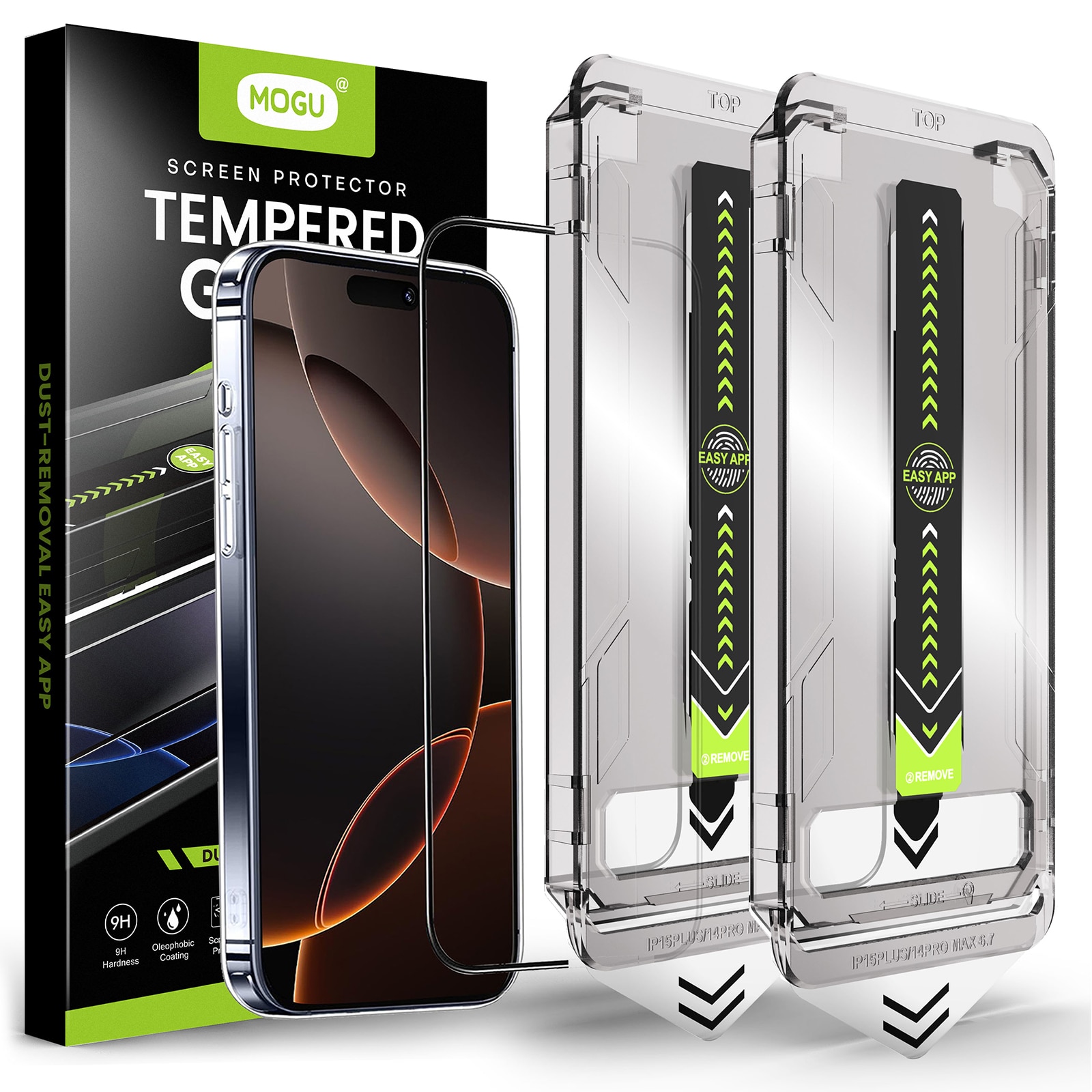 Set de 2 Folie protectie pentru iPhone 16, MOGU®, 3D full cover, stila temperata, tehnologie automata de eliminare a prafului, advanced touch sensitivity, acoperire oleofoba, anti-amprente, Claritate FullHD