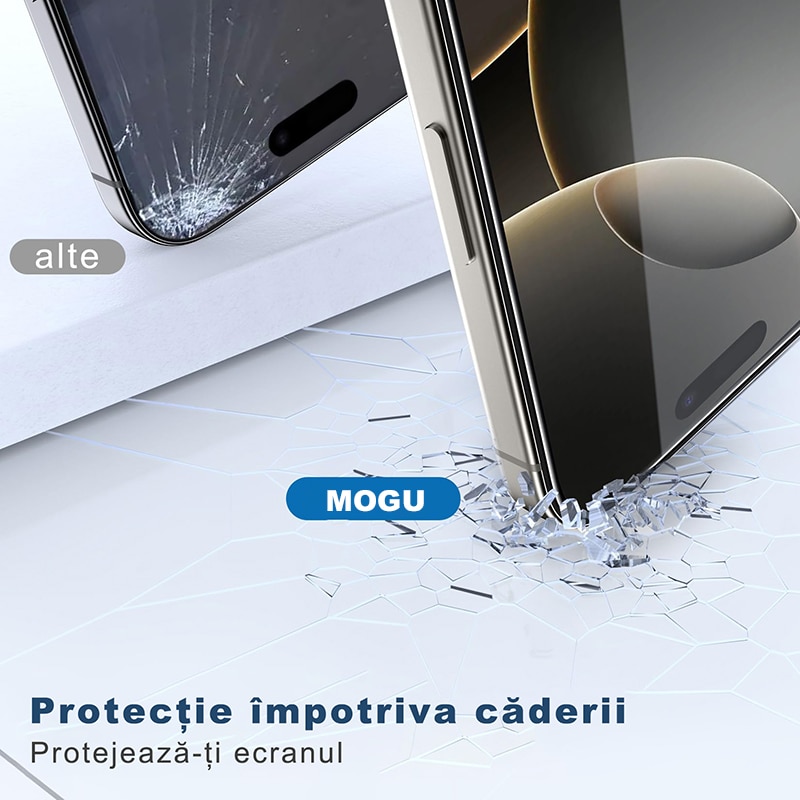 Folie protectie pentru iPhone 16 Pro, MOGU®, 3D full cover, stila temperata, tehnologie automata de eliminare a prafului, advanced touch sensitivity, acoperire oleofoba, anti-amprente, Claritate FullHD