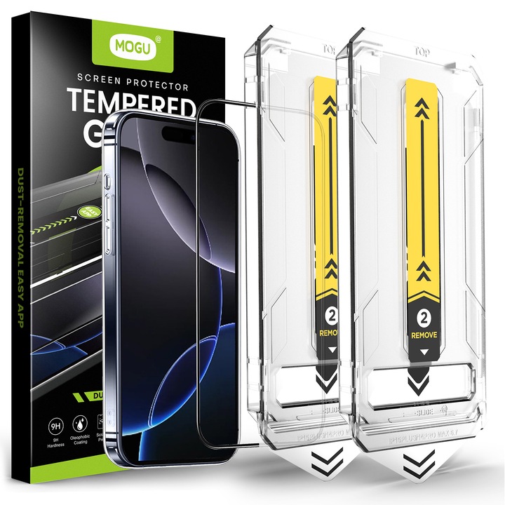 Set de 2 Folie protectie pentru iPhone 16 Pro, MOGU®, 3D full cover, stila temperata, tehnologie automata de eliminare a prafului, advanced touch sensitivity, acoperire oleofoba, anti-amprente, Claritate FullHD
