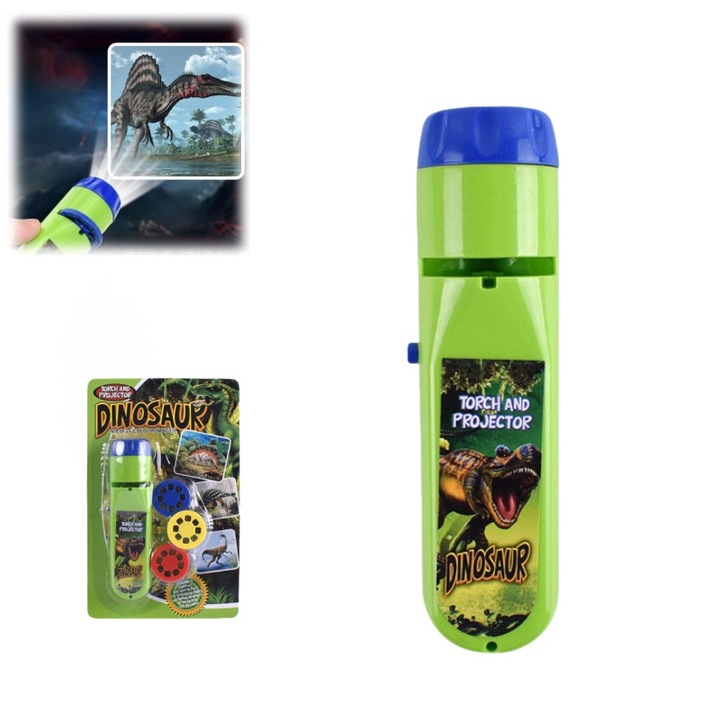 Образователен проектор за деца, фенерче, 3 диска с 24 изображения на динозаври, зелен