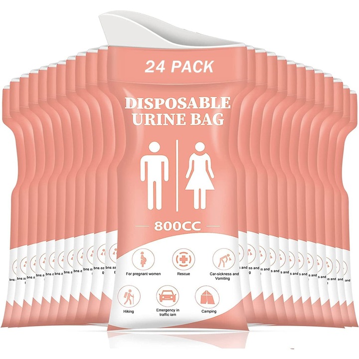 Set 24 Sac portabil urinare, cu Placute absorbante din bumbac, pacienti, copii, calatorii in aer liber si uz auto, folosire usoara, capacitate de 800 ml, Multifunctionaliutilizare usoara, roz