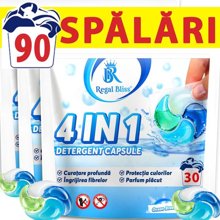 Detergent de rufe capsule Regal Bliss ® 4in1 pods pentru curatarea si protectia hainelor, capsule detergent lichid concentrate si parfumate, delicat cu pielea sensibila, indepartare eficienta a petelor, parfum de lunga durata, Ocean Breeze, 90 Spalari