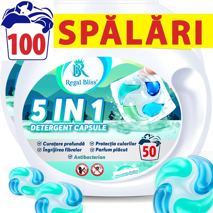 Detergent de rufe capsule Regal Bliss ® 5in1 pods pentru curatarea si protectia hainelor, detergent lichid concentrat si antibacterian, delicat cu pielea sensibila, indepartare eficienta a petelor, parfum de lunga durata, Mountain Spring, 100 Spalari