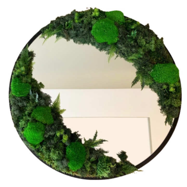 Oglinda decorativa cu licheni stabilizati Ø50 cm, design natural handmade pentru perete