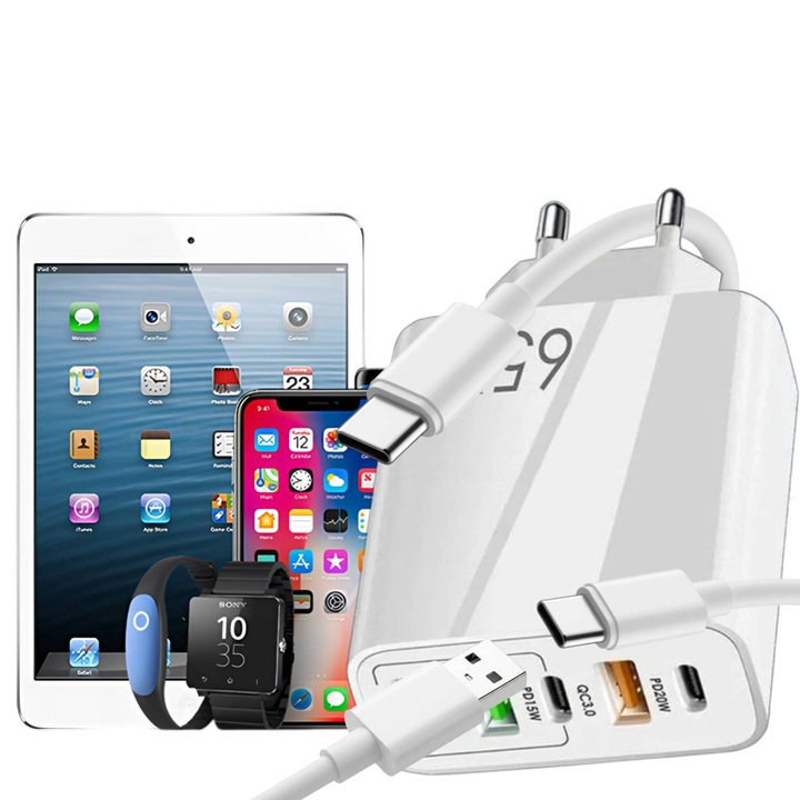 Incarcator Retea 5 Porturi, AHA PRINT®, cu 2 Cabluri Incluse, Cablu USB-C la USB-C 60W + Cablu USB-A la USB-C, Fast Charge, total 65W, 3xUSB, 2xType-C, USB QC 3.0, PD 20W, PD 15W, compatibil iPhone, Samsung, Tableta, alb