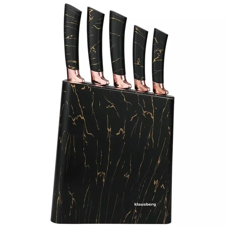 Set cutite din otel inoxidabil, 6 piese, suport negru cu model maro, Klausberg